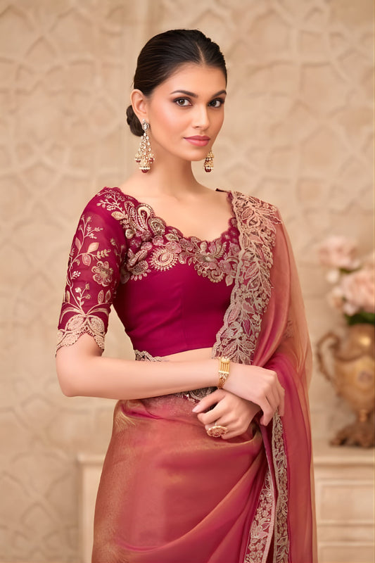 Peach Pink Organza Saree  Embroidered Border Designer Blouse