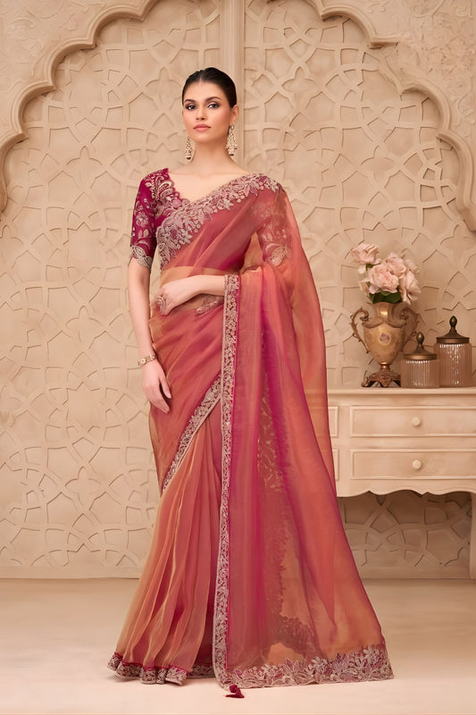 Peach Pink Organza Saree  Embroidered Border Designer Blouse 