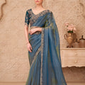 Teal Blue Organza Saree Embroidered Border Designer Blouse 
