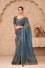 Teal Blue Organza Saree Embroidered Border Designer Blouse 