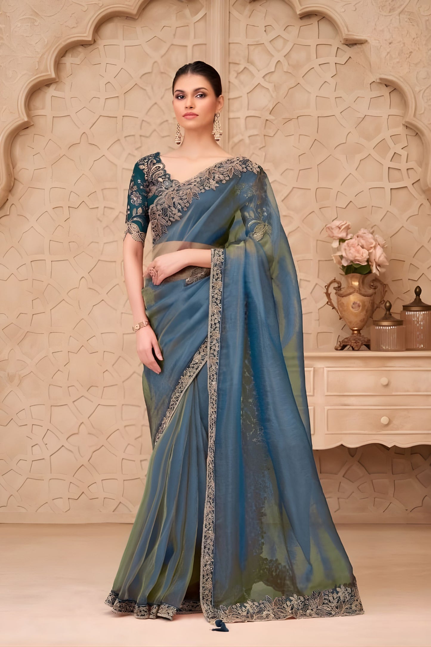 Teal Blue Organza Saree Embroidered Border Designer Blouse 