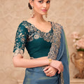 Teal Blue Organza Saree Embroidered Border Designer Blouse