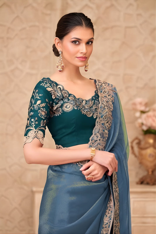 Teal Blue Organza Saree Embroidered Border Designer Blouse