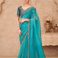 Turquoise Green Organza Saree Embroidered Border Designer Blouse 