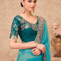 Turquoise Green Organza Saree Embroidered Border Designer Blouse