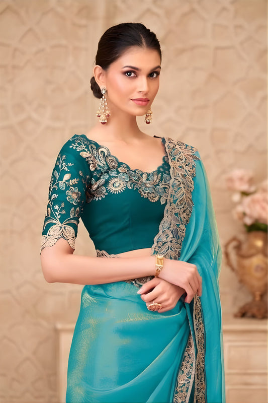 Turquoise Green Organza Saree Embroidered Border Designer Blouse