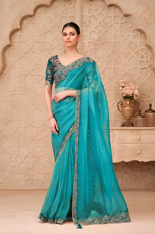 Turquoise Green Organza Saree Embroidered Border Designer Blouse 