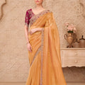 Mustard Yellow Organza Saree Embroidered Border Designer Blouse
