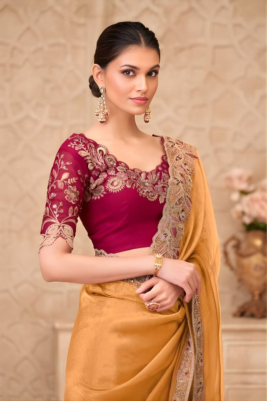 Mustard Yellow Organza Saree Embroidered Border Designer Blouse