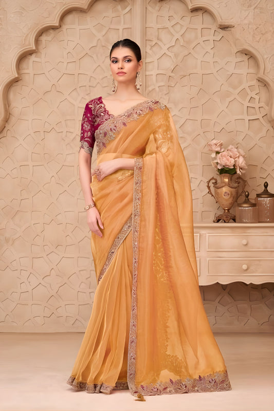 Mustard Yellow Organza Saree Embroidered Border Designer Blouse