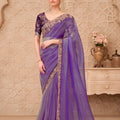 Royal Purple Ombre Organza Saree Embroidered Border Designer Blouse