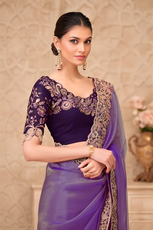 Royal Purple Ombre Organza Saree Embroidered Border Designer Blouse