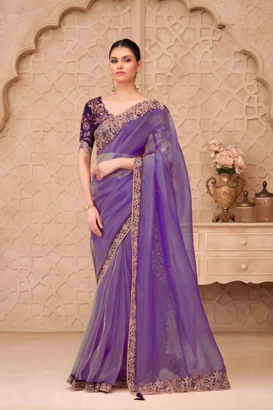 Royal Purple Ombre Organza Saree Embroidered Border Designer Blouse