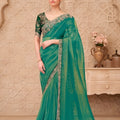 Green Organza Saree with Embroidered Border Designer Blouse