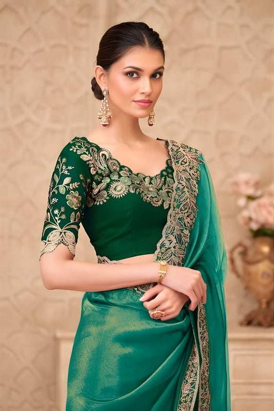 Green Organza Saree with Embroidered Border Designer Blouse