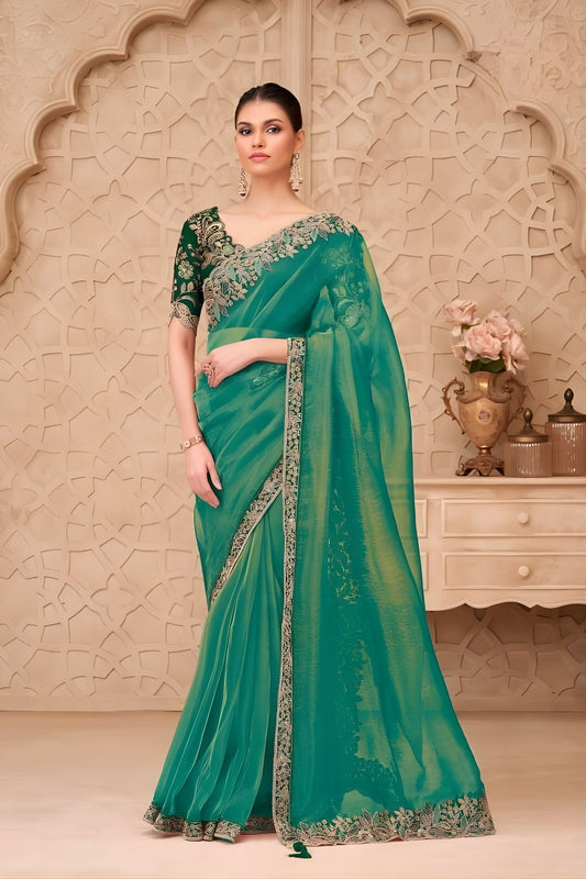 Green Organza Saree with Embroidered Border Designer Blouse