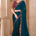 Teal Green Designer Saree with Embroidered Border Maroon Blouse 