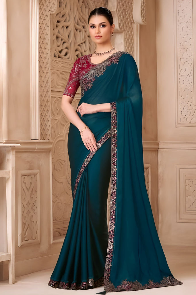 Teal Green Designer Saree with Embroidered Border Maroon Blouse 