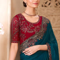 Teal Green Designer Saree with Embroidered Border Maroon Blouse