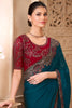 Teal Green Designer Saree with Embroidered Border Maroon Blouse