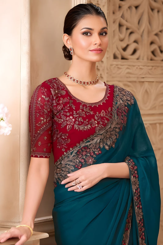 Teal Green Designer Saree with Embroidered Border Maroon Blouse