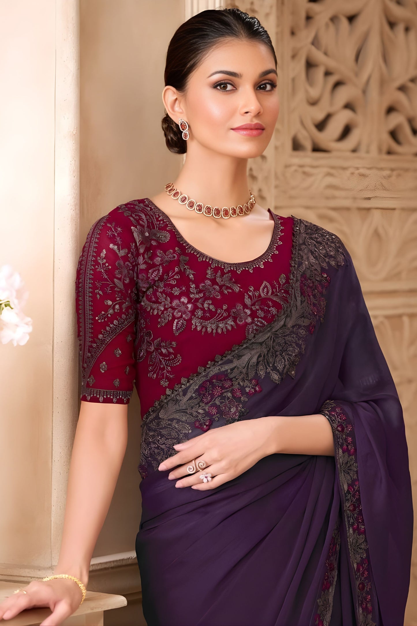 Deep Purple Designer Saree with Embroidered Border Maroon Blouse