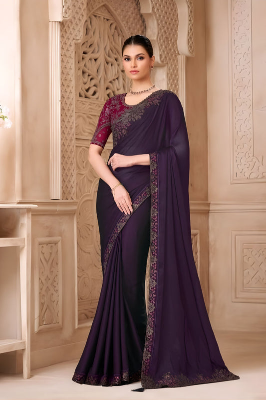 Deep Purple Designer Saree with Embroidered Border Maroon Blouse