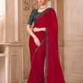 Red Designer Saree with Embroidered Border Green Blouse 