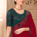 Red Designer Saree with Embroidered Border Green Blouse