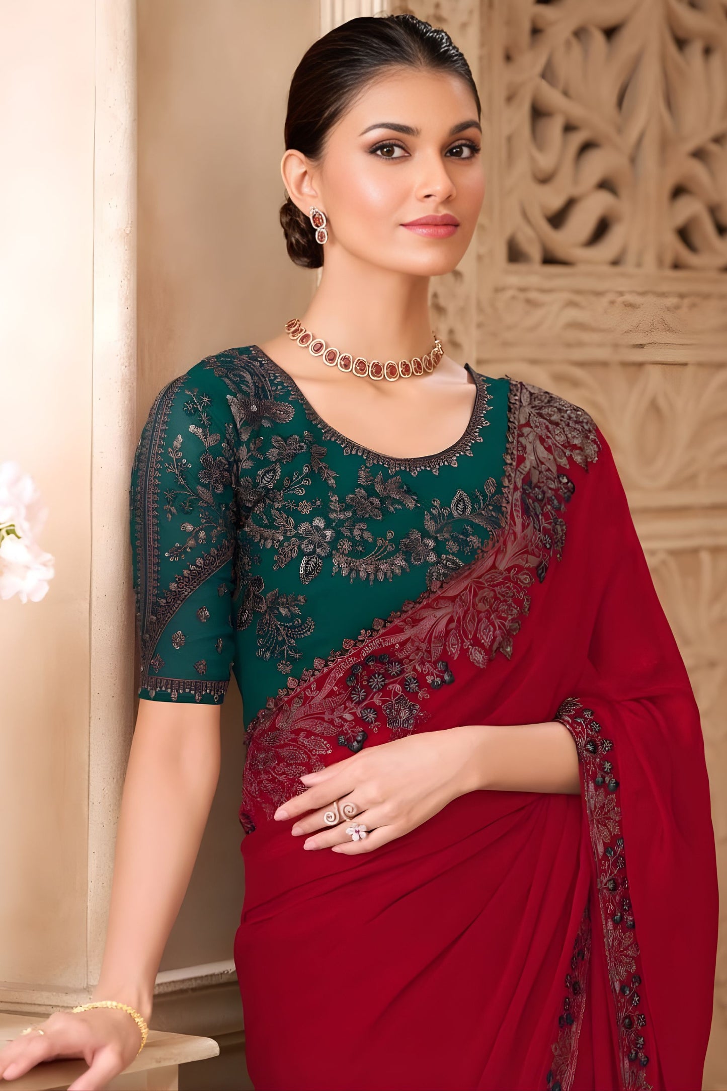 Red Designer Saree with Embroidered Border Green Blouse