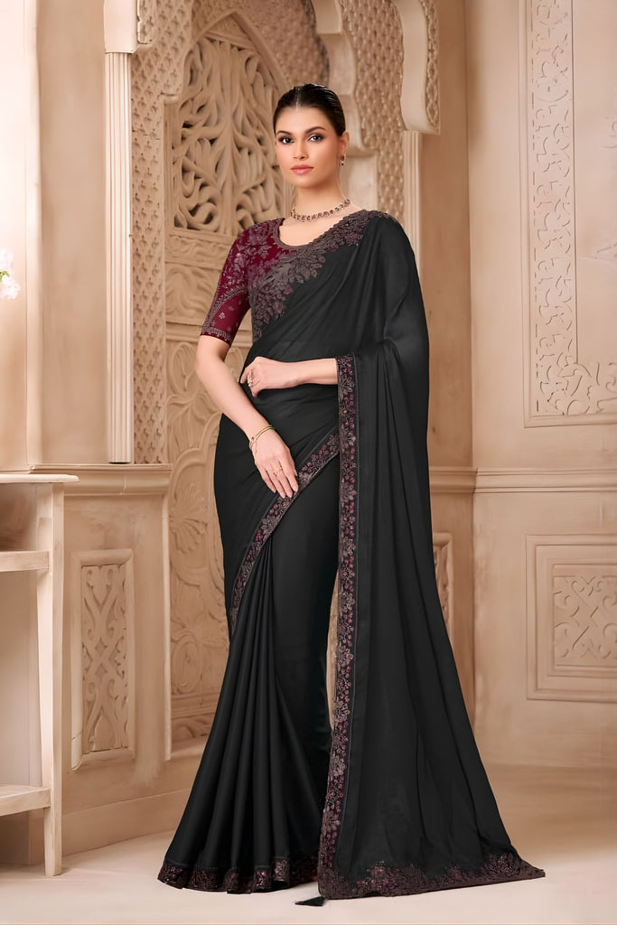 Black Designer Saree with Embroidered Border Maroon Blouse 