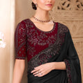 Black Designer Saree with Embroidered Border Maroon Blouse