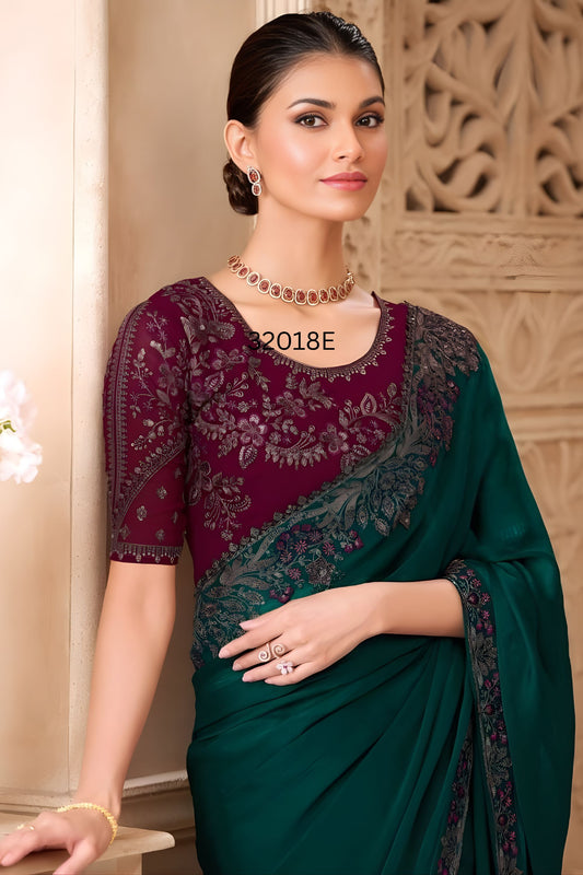 Green Designer Saree with Embroidered Border Maroon Blouse