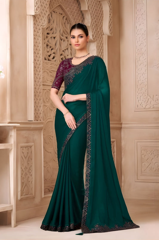 Green Designer Saree with Embroidered Border Maroon Blouse