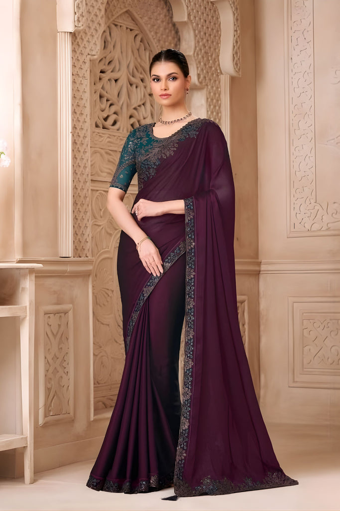 Wine Purple Designer Saree with Embroidered Border Teal Blouse