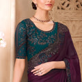 Wine Purple Designer Saree with Embroidered Border Teal Blouse