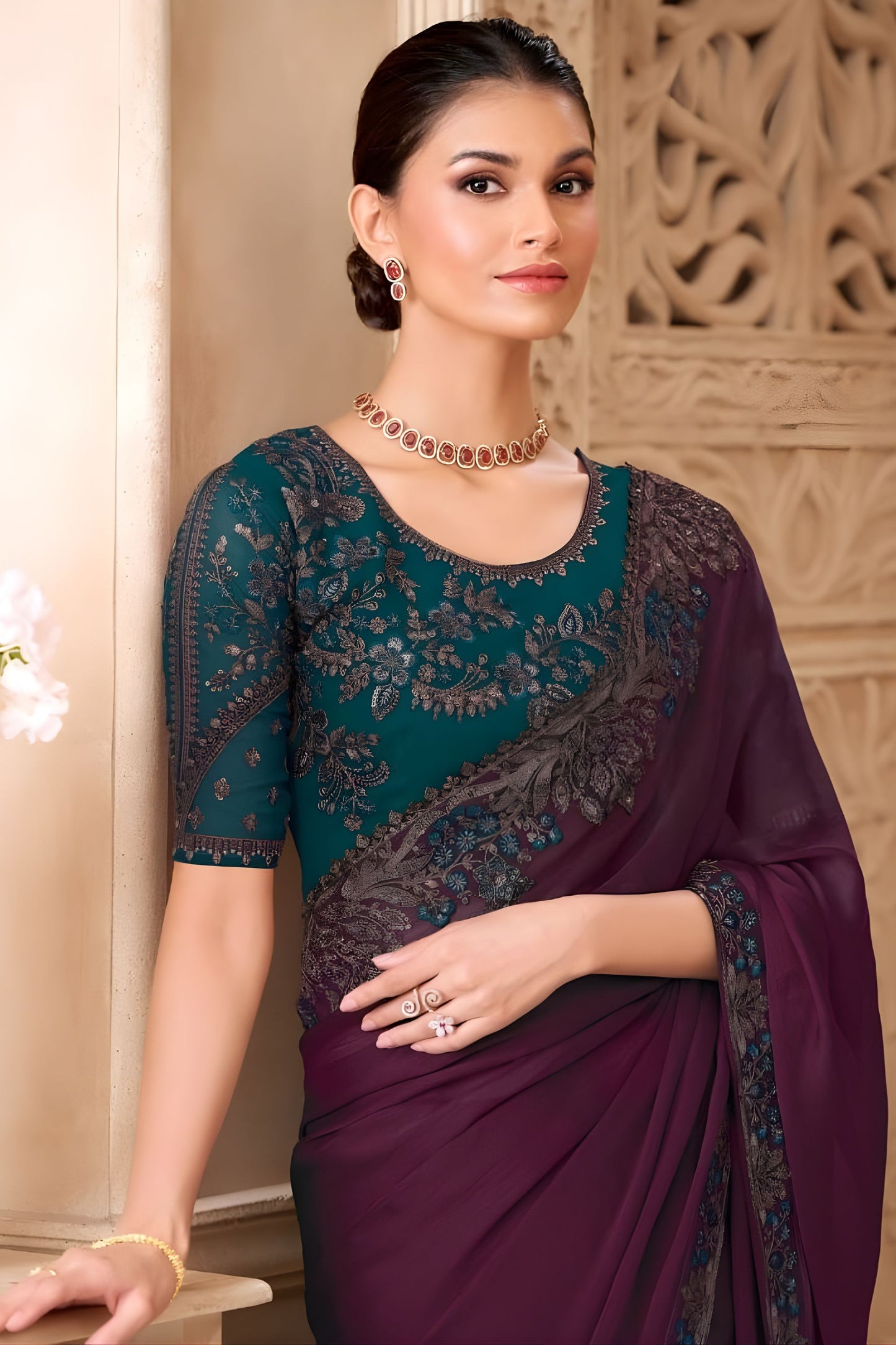 Wine Purple Designer Saree with Embroidered Border Teal Blouse