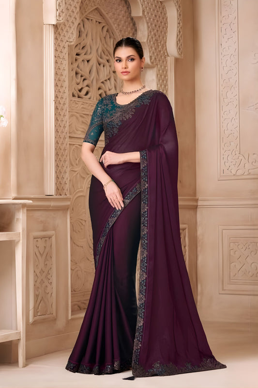 Wine Purple Designer Saree with Embroidered Border Teal Blouse