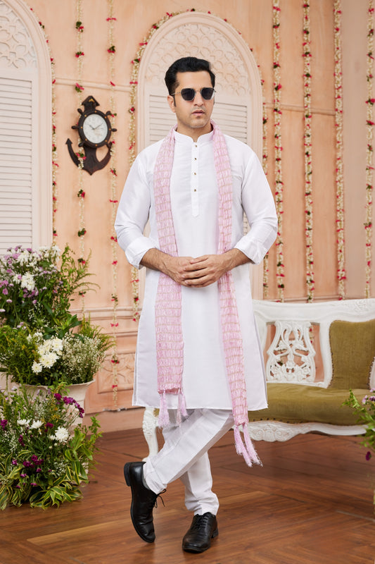 Classic White Art Silk Wedding Kurta Pyjama with Pink Stole for Men