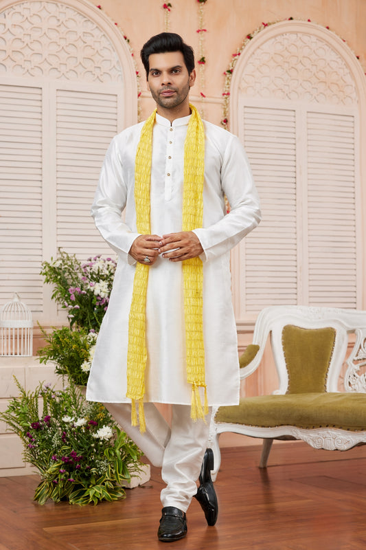 Stylish White Art Silk Embroidered Wedding Kurta Pyjama with Yellow Stole for Men