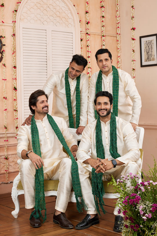 Elegant  White Art Silk Embroidered Wedding Kurta Pyjama with Green Stole for Men