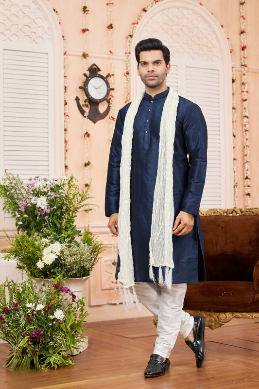 Superb Navy Blue Art Silk Kurta Pyjama Set for Men with White Stole