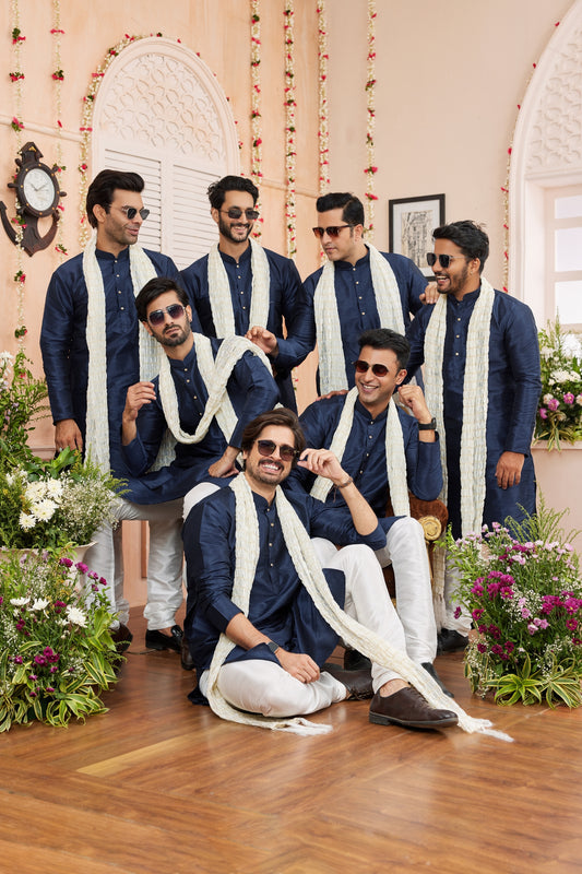 Superb Navy Blue Art Silk Embroidered Kurta Pyjama Set for Men with White Stole