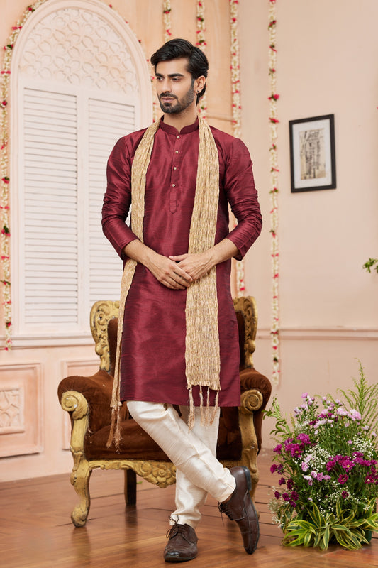 Elegant Maroon Art Silk Kurta Pyjama Set for Men with Golden Stole