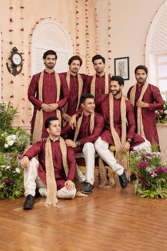 Elegant Maroon Art Silk Kurta Pyjama Set for Men with Golden Stole