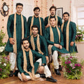 Latest Rama Green Art Silk Kurta Pyjama Set for Men with Golden Stole