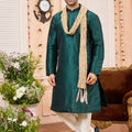 Latest Rama Green Art Silk Kurta Pyjama Set for Men with Golden Stole