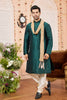 Latest Rama Green Art Silk Kurta Pyjama Set for Men with Golden Stole
