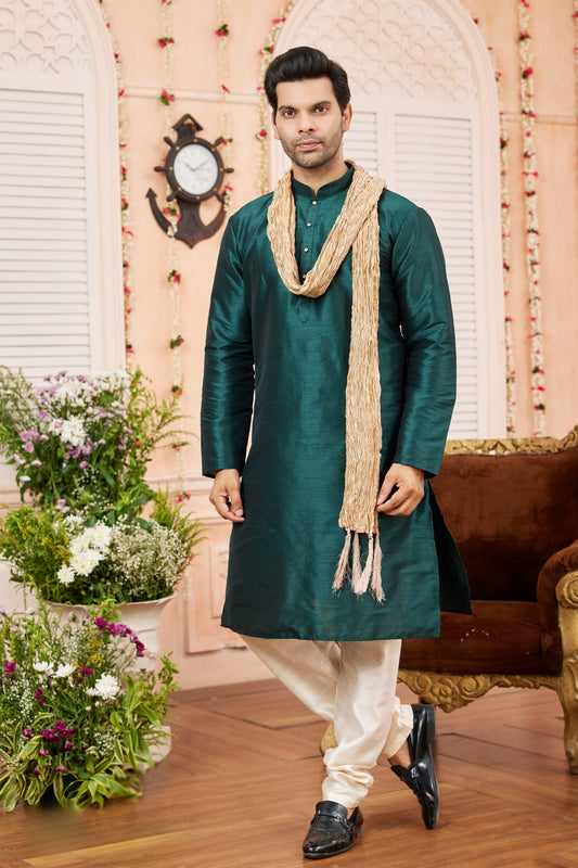 Latest Rama Green Art Silk Kurta Pyjama Set for Men with Golden Stole