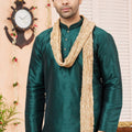 Latest Rama Green Art Silk Kurta Pyjama Set for Men with Golden Stole